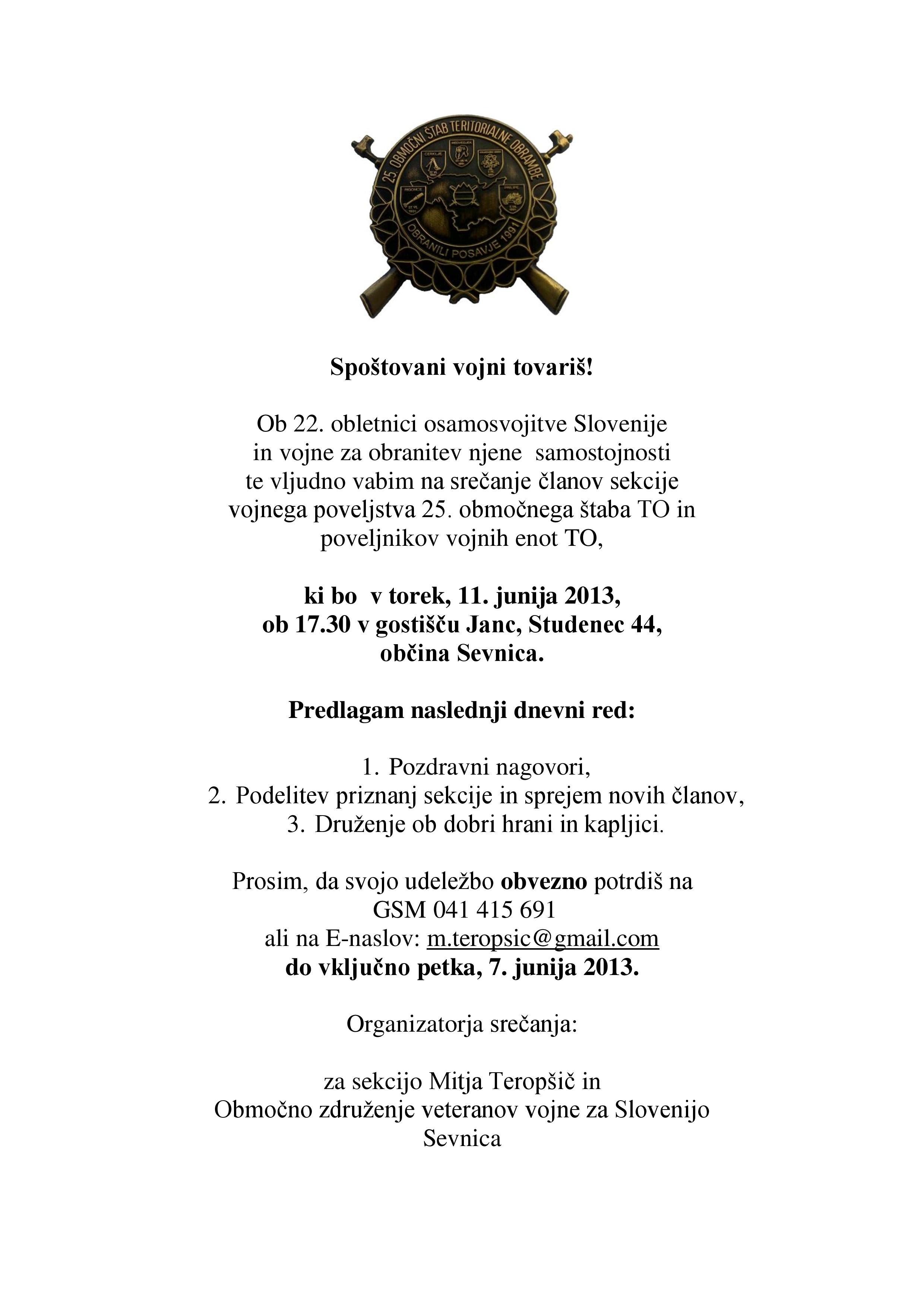 vabilo na srecanje clanov sekcije 25.obsto